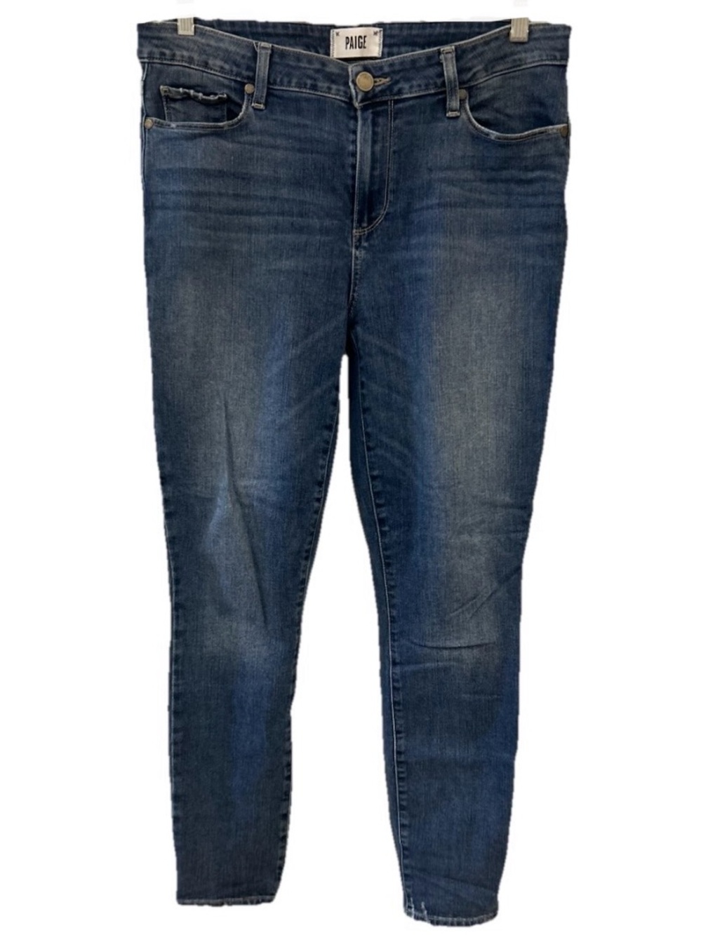 PAIGE Skinny Jeans 31 Medium Wash Distressed Hem Stretch Denim